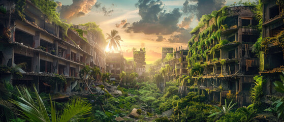 Obraz premium City after end of world at sunset, panoramic view of abandoned buildings overgrown with grass and green plants. Theme of post apocalypse, war, sky, future
