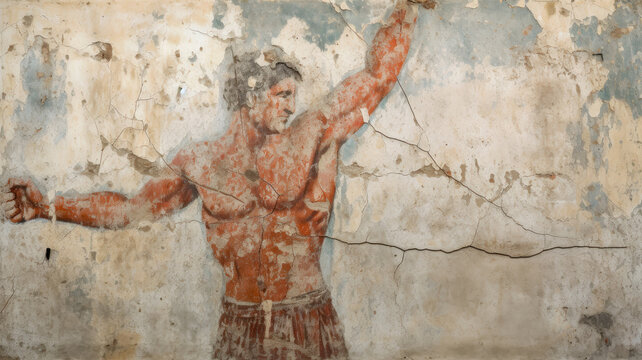 Ancient Greek or Roman sport, old wall painting with victorious man, vintage cracked fresco background. Theme of art, Greece, win, victory, game and history.