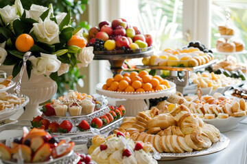 A gourmet breakfast buffet served in an elegant dining room, featuring a spread of fresh pastries, fruits, and made-to-order omelets.  Generative Ai.