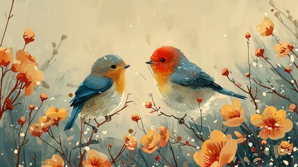 Design a romantic Valentines Day card with a pair of lovebirds perched on a branch