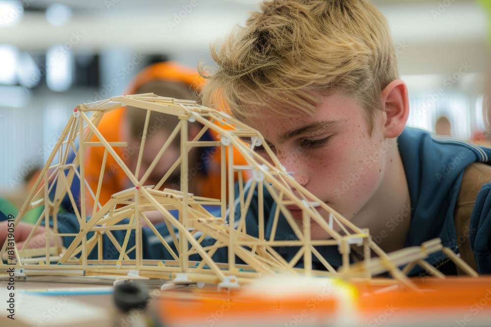 Poster junior engineers designing and building bridges and structures out of everyday materials, learning a