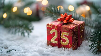 Red festive christmas present box with 25 number on it for December 25 Christmas day