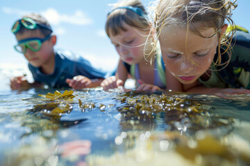 Inspired children participating in a marine biology camp, exploring tide pools and learning about marine ecosystems and biodiversity. Concept of oceanography and aquatic science. Generative Ai.