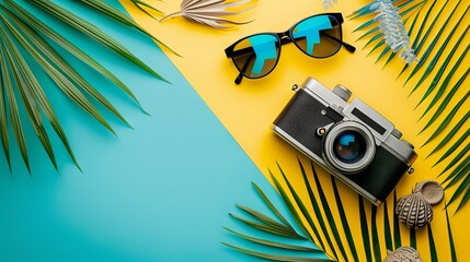 Flat lay composition of stylish summer background with Tropical palm tree leaf, vintage photo camera, - Powered by Adobe