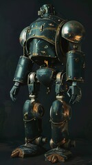 Naklejka premium Sci-fi style retro toy model robot figure with armor and lamps on the chestplate
