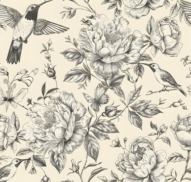 seamless pattern Vintage Toile Peonies and Hummingbirds, white and blue, white and black Vintage Pattern, Floral Patterns , floral background , vector illustration, detailed monochrome drawing,