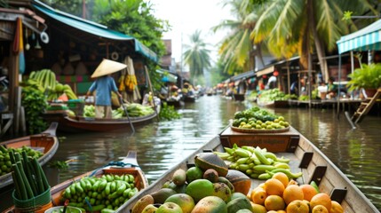 A traditional Thai floating market bustling with vendors selling fresh fruits, vegetables, and local delicacies by boat.