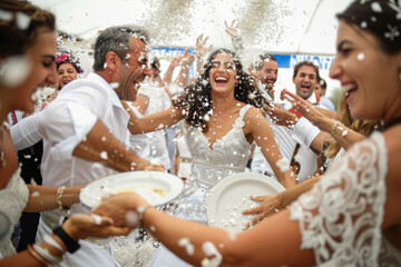 A happy Greek wedding celebration, with guests dancing the traditional syrtaki and smashing plates for good luck. Concept of cultural festivity and matrimonial joy. Generative Ai.
