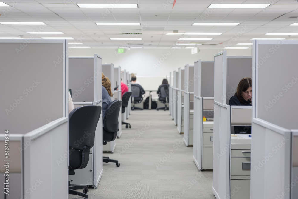 Canvas Prints A row of cubicles where workers diligently multitask, fielding phone calls, responding to emails, and attending virtual meetings. Concept of multitasking and time management. Generative Ai.