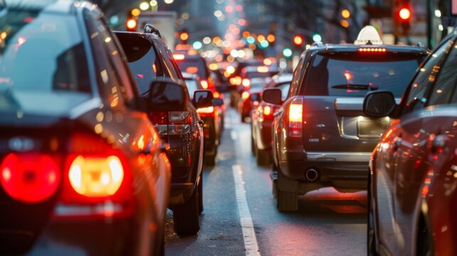 A traffic jam on a congested urban road during rush hour, depicting the challenges of city commuting.