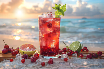 Fresh summer drinks cocktails with berries, fruits, ice and frost on glasses. Vacation open beach...