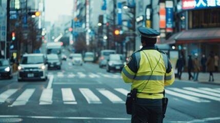 Fototapeta premium A traffic police officer directing vehicles at a busy intersection during peak hours, ensuring smooth traffic flow.