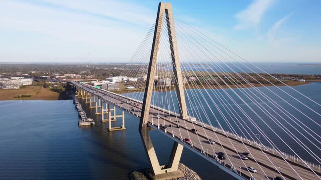 Arthur Ravenel Jr Bridge, Connects Charleston to Mount Pleasant, Aerial Cinematic View, South Carolina, USA. Passes over the Cooper River.