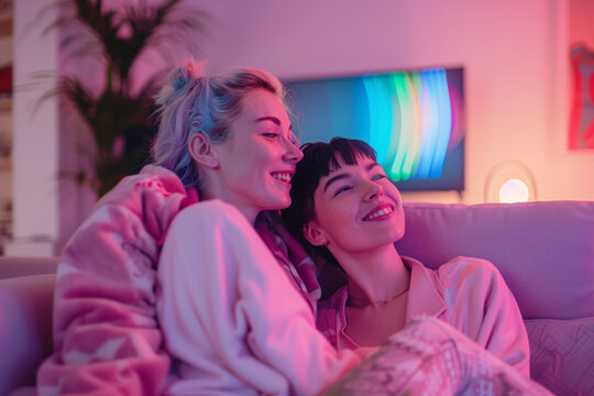 A delighted non-binary couple sharing a cozy evening at home, cuddling on the couch and watching their favorite TV show together. Concept of non-binary love and intimacy. Generative Ai. - Powered by Adobe