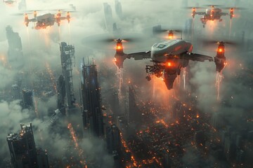 Dystopian future with advanced drones flying above a high-tech city engulfed in fog and glowing in amber light