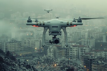 A solitary drone with a high-definition camera hovers in a misty sky above an urban cityscape, evoking surveillance themes