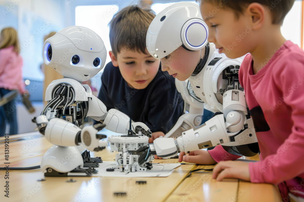 Aufkleber inquisitive youngsters attending a robotics workshop, programming and assembling robots to perform t