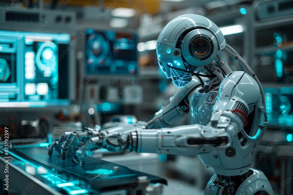 Poster an ai robot works attentively at a digital interface in a high-tech environment, symbolizing the fut