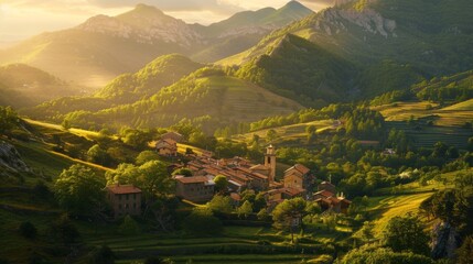 A tranquil mountain village nestled among rolling hills, bathed in the golden light of sunset.
