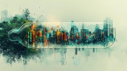 A cityscape with a bottle in the middle