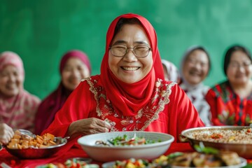 A woman in a red scarf is smiling and eating food
