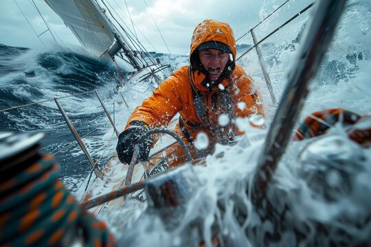 A focused sailor withstands torrential seas while navigating a sailboat, embodying determination and courage