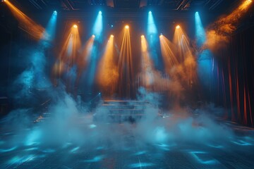 Fototapeta premium An empty stage ready for a performance, enveloped in atmospheric blue fog and dramatic lighting effects
