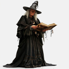 A glamorous woman in a long black dress and pointed hat dramatically studies a thick magic book