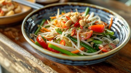 A vibrant bowl of Som Tam, spicy green papaya salad with tomatoes, long beans, peanuts, and a zesty lime dressing.