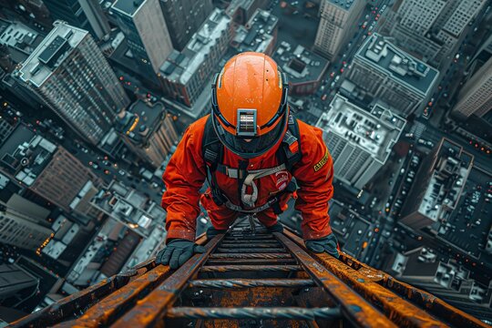 A brave ironworker is perched high above the city, engaging in skilled labor on a steel beam