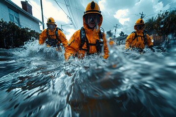 Brave firefighters navigate deep floodwaters, showcasing resilience and teamwork in a dramatic urban environment