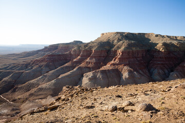 Monument rock view, Mangystau region landscape, Kokesem area, Kazakhstan.