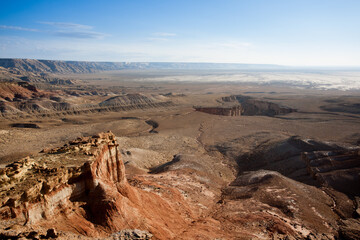 Monument rock view, Mangystau region landscape, Kokesem area, Kazakhstan.