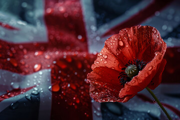 Poignant red poppy with dewdrops on its petals, symbolizing remembrance day, set against a blurred uk flag background