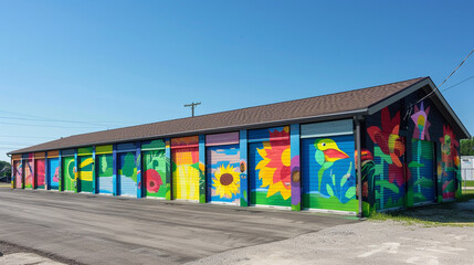 Self-storage facility with each door painted by different local artists, turning the buildings into a drive-through gallery.