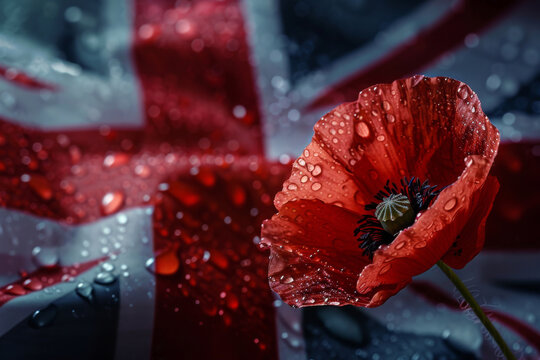 Poignant red poppy with dewdrops on its petals, symbolizing remembrance day, set against a blurred uk flag background