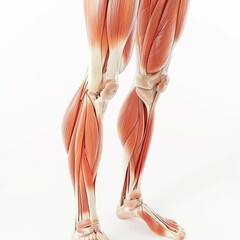 3D realistic illustration of the upper leg and knee muscular system on a white background. Human muscles, medical illustration.