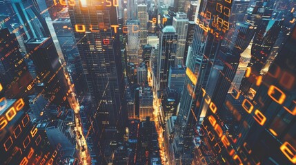 An aerial view of a city skyline with digital stock market tickers displayed on towering buildings, illustrating financial hub.
