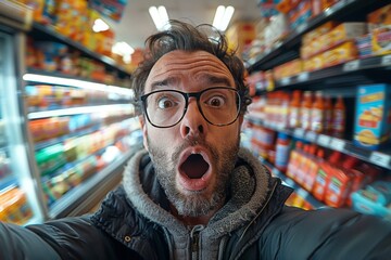 Perspective of a shopper facing a blurred grocery store aisle with a focus on the jacket and hair