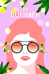Summer background, poster, banner, holiday cover. Summer card with tropical leaves and beautiful girl.  Design template for promo, fashion ads, sales, social media, print. Modern art minimalist style.