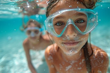 Naklejka premium Clear underwater shot of girl with swimming goggles, bubble details