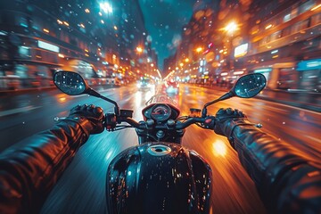 A thrilling perspective of a motorcyclist’s ride through a busy city street at night with vibrant lights