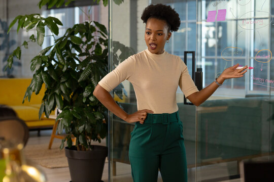At office, African American businesswoman presenting in smart clothes