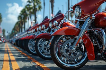 A close-up of shiny motorcycles lined up along a sunny, vibrant street