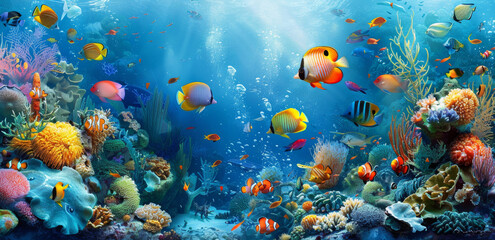 Fototapeta premium Colorful tropical fish and coral reef on a blue background, a beautiful underwater scene with various sea life swimming in the ocean in the style of different artists