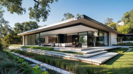 An exterior view of a minimalist-style house with flat rooflines, clean facade, and landscaped garden, showcasing contemporary architectural design.