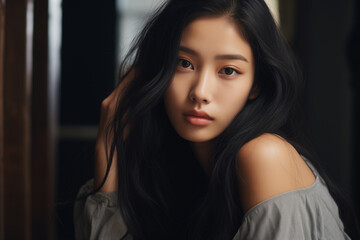 Attractive thoughtful young asian woman looking at the camera