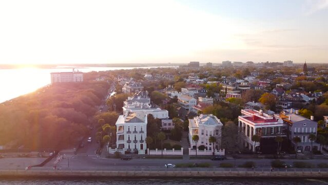 Charleston, South Carolina, USA, aerial cinematic sunset view.