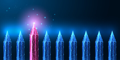 Standing out of crowd, leadership, individuality futuristic concept with row of pencils © Inna