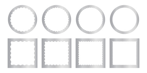 Set of shining silver square and round mirror, photo or picture frames with wavy inner borders. Decoration design elements. Metallic stickers isolated on white background. Vector illustration.